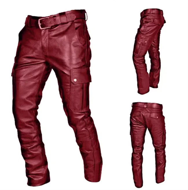 New Men Loose Faux Leather Pants Black / Red / Brown Fashion Male Daily Leisure Motorcycle Multi Pocket Trousers Large Size 5XL