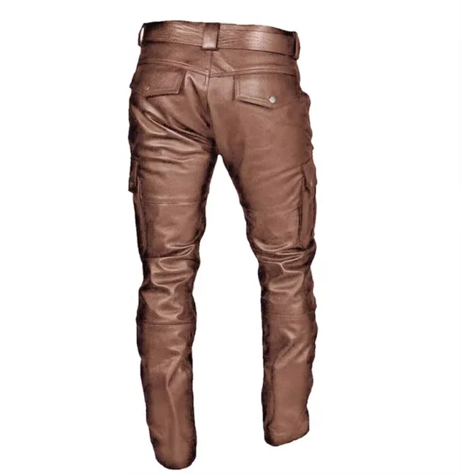 New Men Loose Faux Leather Pants Black / Red / Brown Fashion Male Daily Leisure Motorcycle Multi Pocket Trousers Large Size 5XL