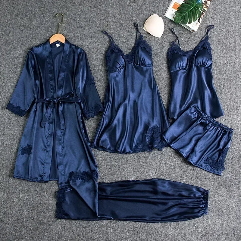 5-piece Set of Women's Sleepwear Silk Nightgown Lace Satin Nightgown V-neck Vest Breathable Comfortable Women's Nightgown