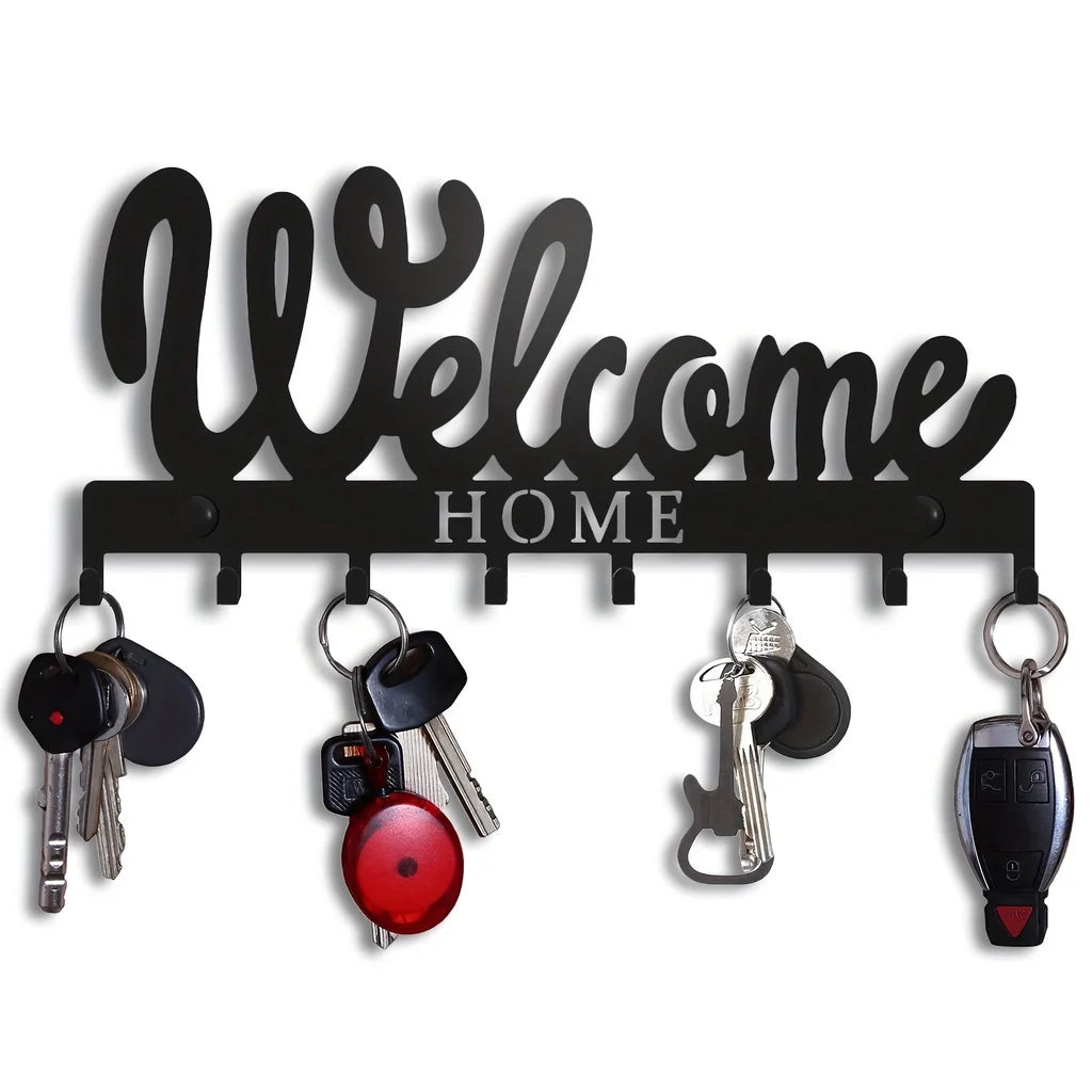 1pc Black Metal Keys Holder, Key Holder for Wall, Wall Mounted WELCOME Design Style Key Rack for Key Hanger With 8 Hooks