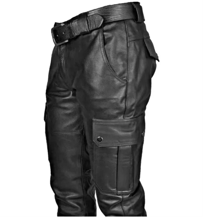New Men Loose Faux Leather Pants Black / Red / Brown Fashion Male Daily Leisure Motorcycle Multi Pocket Trousers Large Size 5XL