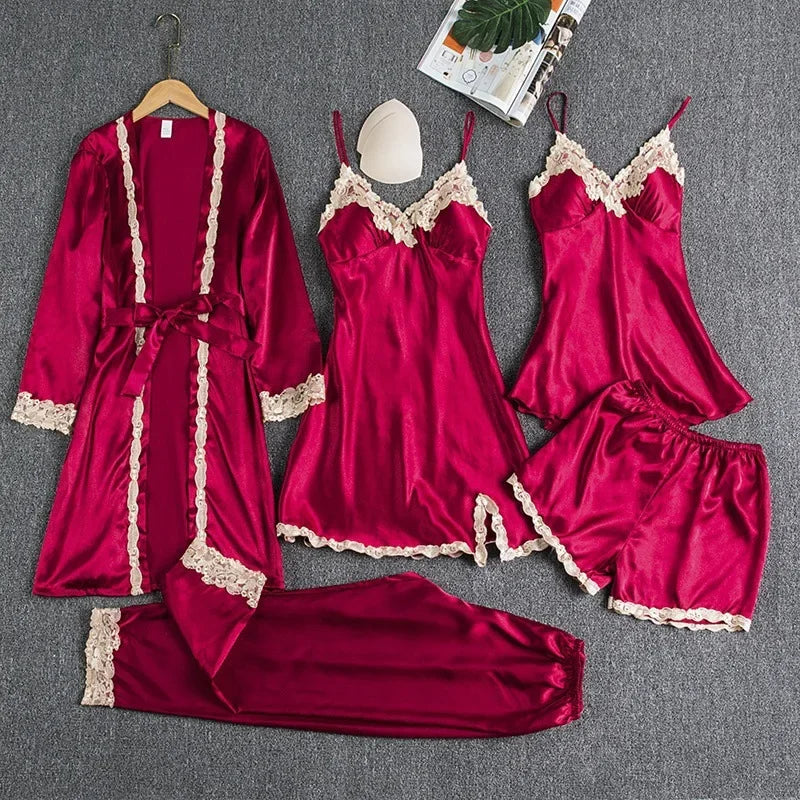 5-piece Set of Women's Sleepwear Silk Nightgown Lace Satin Nightgown V-neck Vest Breathable Comfortable Women's Nightgown