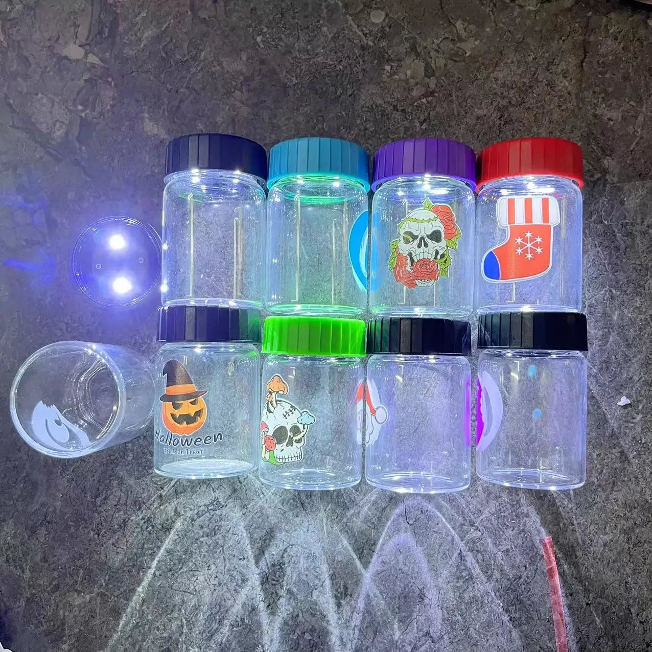 1Pc Glass Jar with Led Light Smoking Storage Bottle Light-Up Air Tight Magnifying Viewing Multi-Use Container