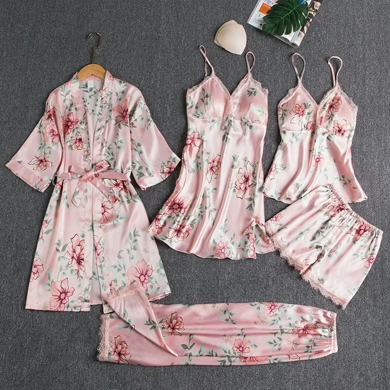 5-piece Set of Women's Sleepwear Silk Nightgown Lace Satin Nightgown V-neck Vest Breathable Comfortable Women's Nightgown