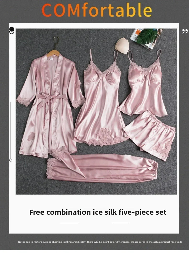 5-piece Set of Women's Sleepwear Silk Nightgown Lace Satin Nightgown V-neck Vest Breathable Comfortable Women's Nightgown