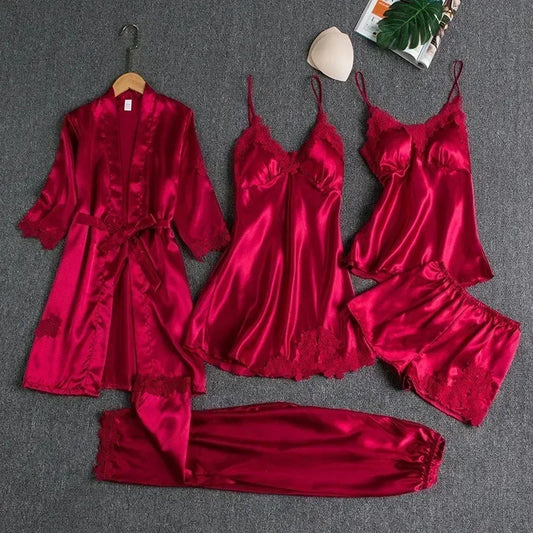 5-piece Set of Women's Sleepwear Silk Nightgown Lace Satin Nightgown V-neck Vest Breathable Comfortable Women's Nightgown