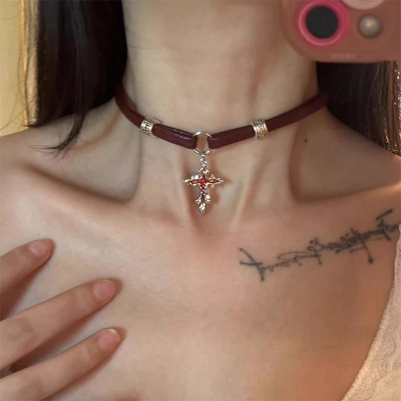 Hot Girl Style Wine Red Leather Cross Choker Collarbone Chain Whitening Necklace