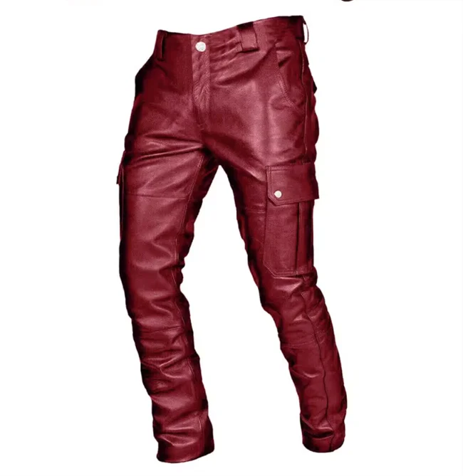 New Men Loose Faux Leather Pants Black / Red / Brown Fashion Male Daily Leisure Motorcycle Multi Pocket Trousers Large Size 5XL