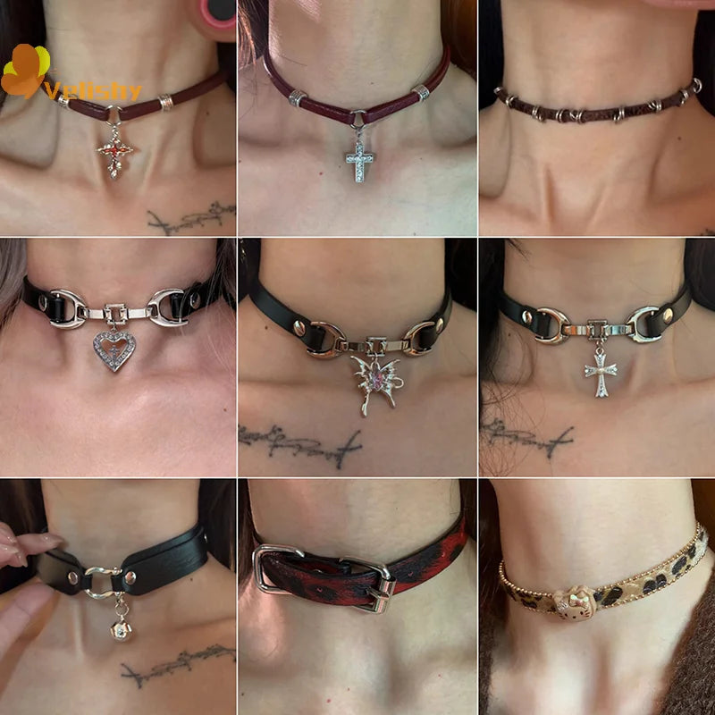 Hot Girl Style Wine Red Leather Cross Choker Collarbone Chain Whitening Necklace