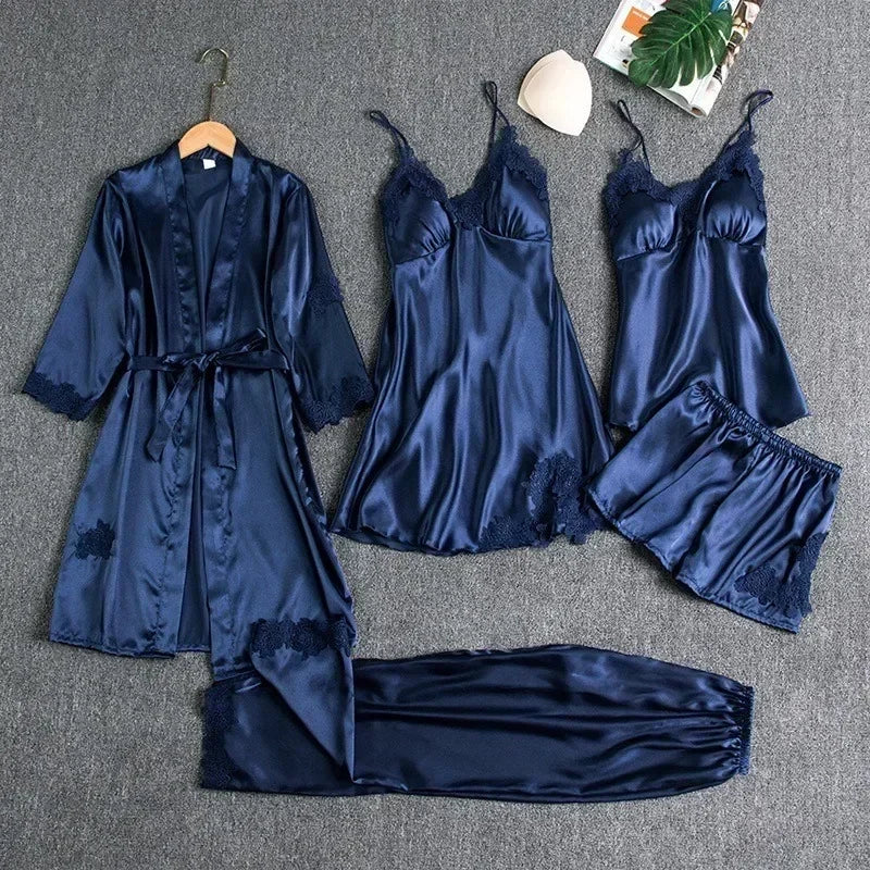 5-piece Set of Women's Sleepwear Silk Nightgown Lace Satin Nightgown V-neck Vest Breathable Comfortable Women's Nightgown