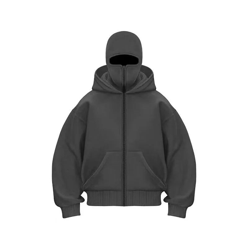 Balaclava Men Zip Hoodie Winter Warm Casual Sweatshirt Y2K with Hooded Face Mask Zipper Design Sports Jacket Outdoor Activities