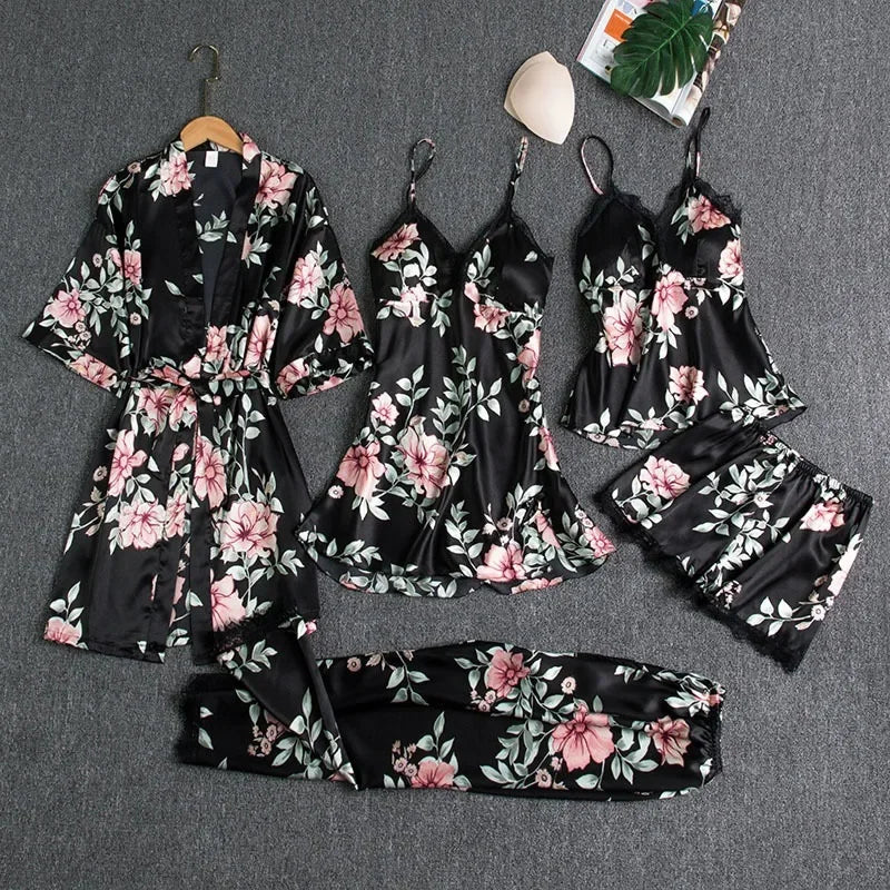 5-piece Set of Women's Sleepwear Silk Nightgown Lace Satin Nightgown V-neck Vest Breathable Comfortable Women's Nightgown
