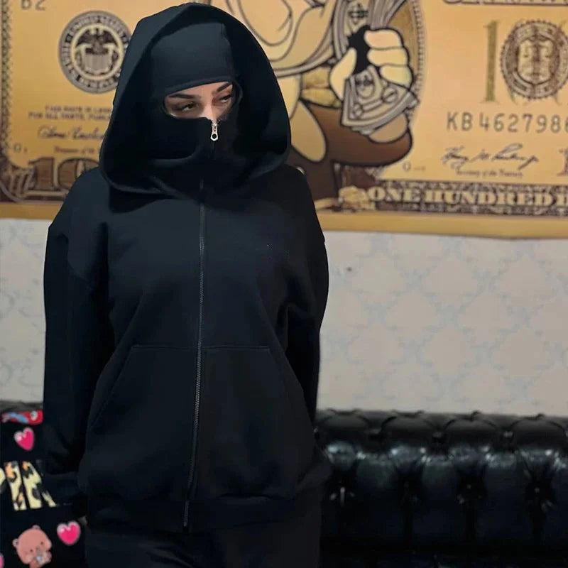 Balaclava Men Zip Hoodie Winter Warm Casual Sweatshirt Y2K with Hooded Face Mask Zipper Design Sports Jacket Outdoor Activities