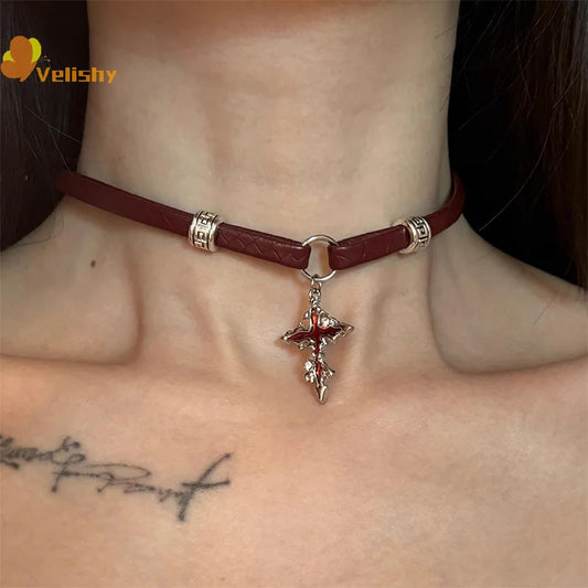 Hot Girl Style Wine Red Leather Cross Choker Collarbone Chain Whitening Necklace