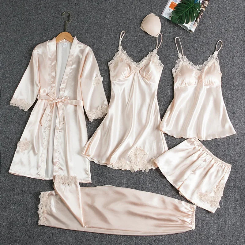 5-piece Set of Women's Sleepwear Silk Nightgown Lace Satin Nightgown V-neck Vest Breathable Comfortable Women's Nightgown