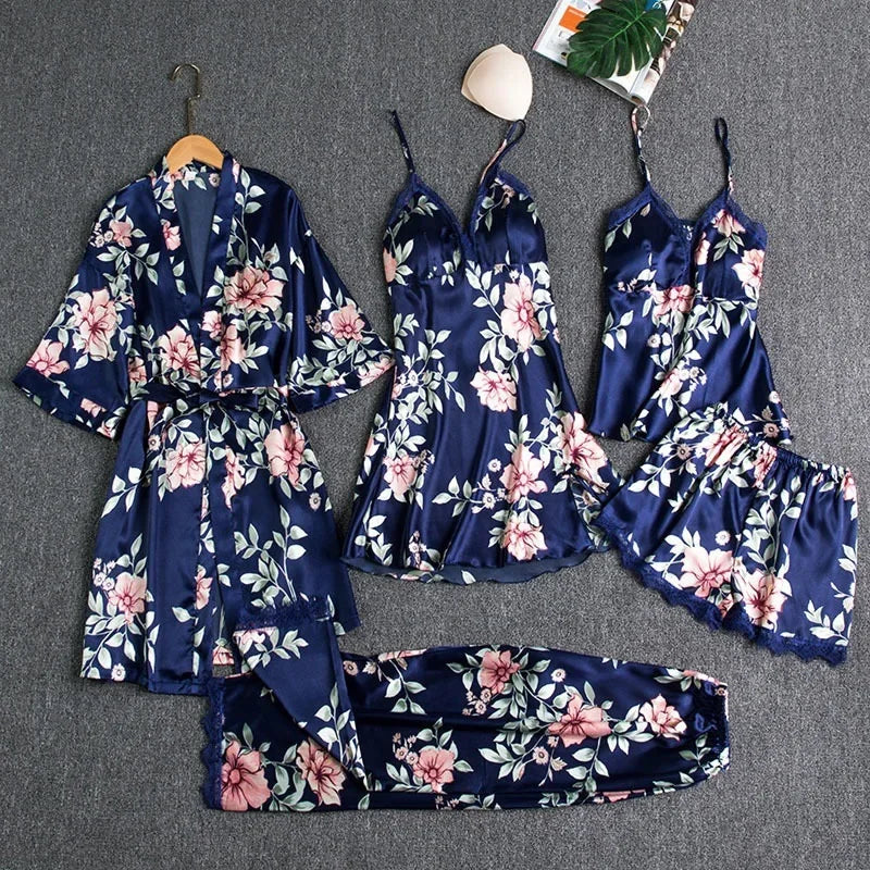 5-piece Set of Women's Sleepwear Silk Nightgown Lace Satin Nightgown V-neck Vest Breathable Comfortable Women's Nightgown