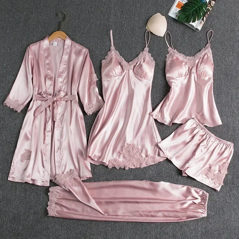 5-piece Set of Women's Sleepwear Silk Nightgown Lace Satin Nightgown V-neck Vest Breathable Comfortable Women's Nightgown