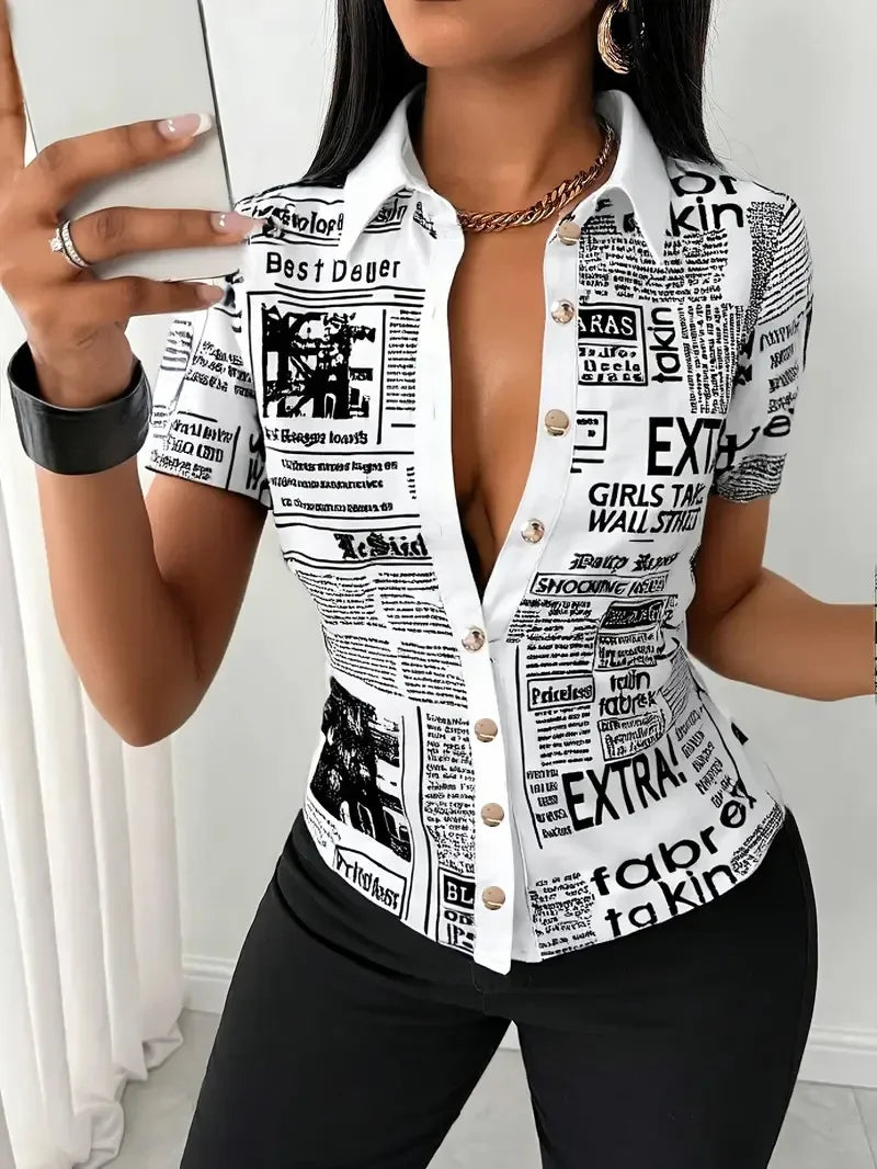 Women's Elegant Blouses Summer Fashion Newspaper Pattern Print Single Breasted Short Sleeve Women Shirt V-neck Casual Tops Shirt