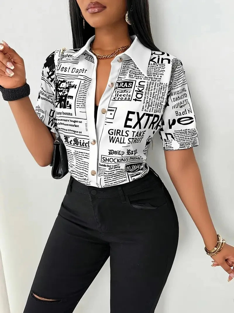 Women's Elegant Blouses Summer Fashion Newspaper Pattern Print Single Breasted Short Sleeve Women Shirt V-neck Casual Tops Shirt