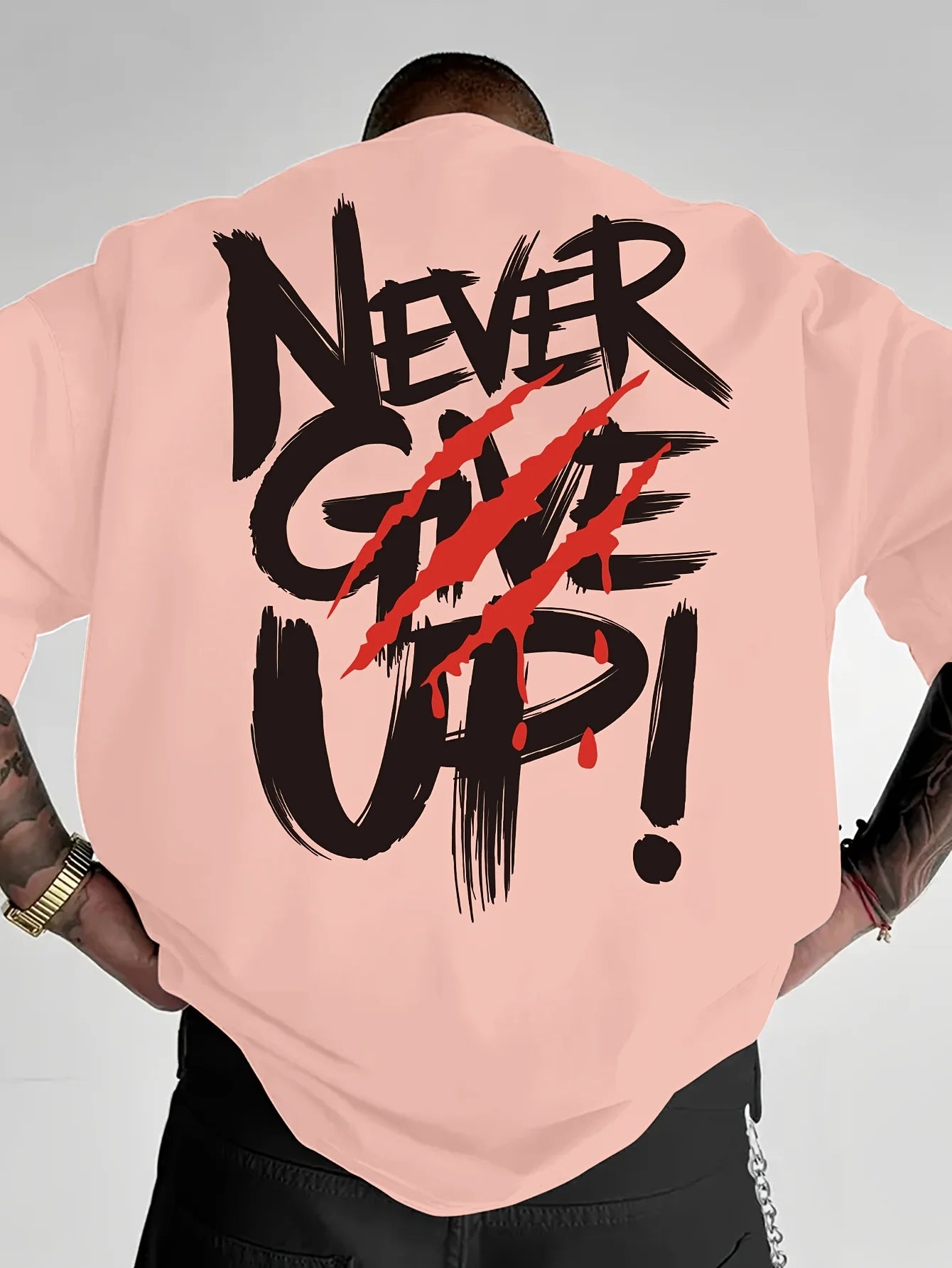 Men's summer 100% pure cotton fashionable casual loose never give up graphic printed round neck short sleeved T-shirt top
