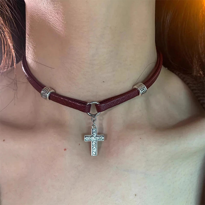 Hot Girl Style Wine Red Leather Cross Choker Collarbone Chain Whitening Necklace