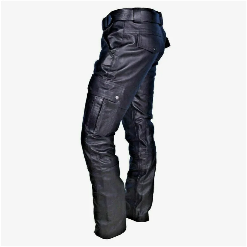 New Men Loose Faux Leather Pants Black / Red / Brown Fashion Male Daily Leisure Motorcycle Multi Pocket Trousers Large Size 5XL