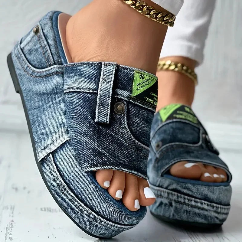 Platform Women Slippers New Summer Elegant Denim Sandals Comfortable Slip on Shoes Beach Walking Slippers Casual Slides Women