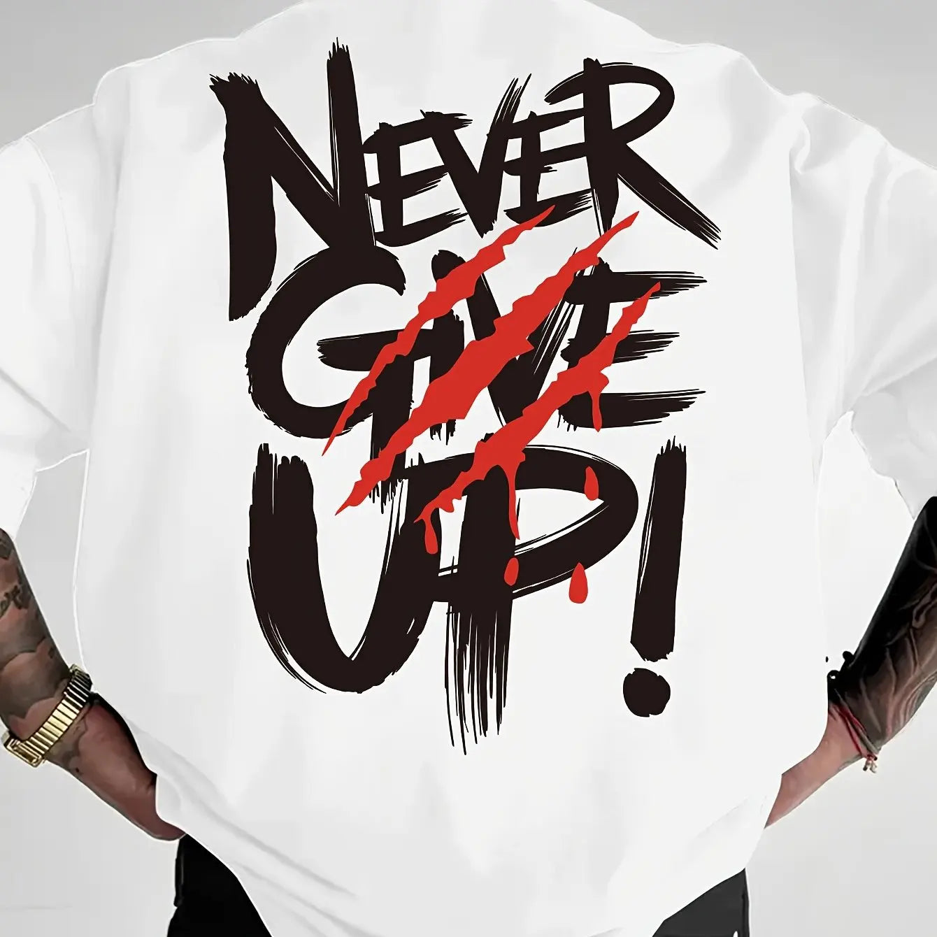 Men's summer 100% pure cotton fashionable casual loose never give up graphic printed round neck short sleeved T-shirt top