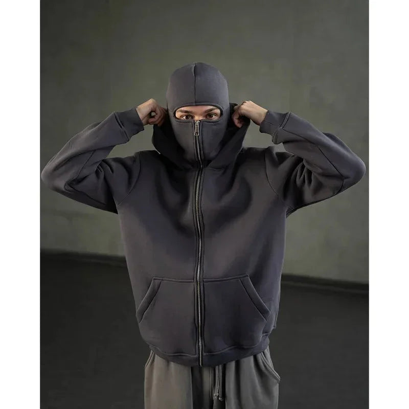 Balaclava Men Zip Hoodie Winter Warm Casual Sweatshirt Y2K with Hooded Face Mask Zipper Design Sports Jacket Outdoor Activities