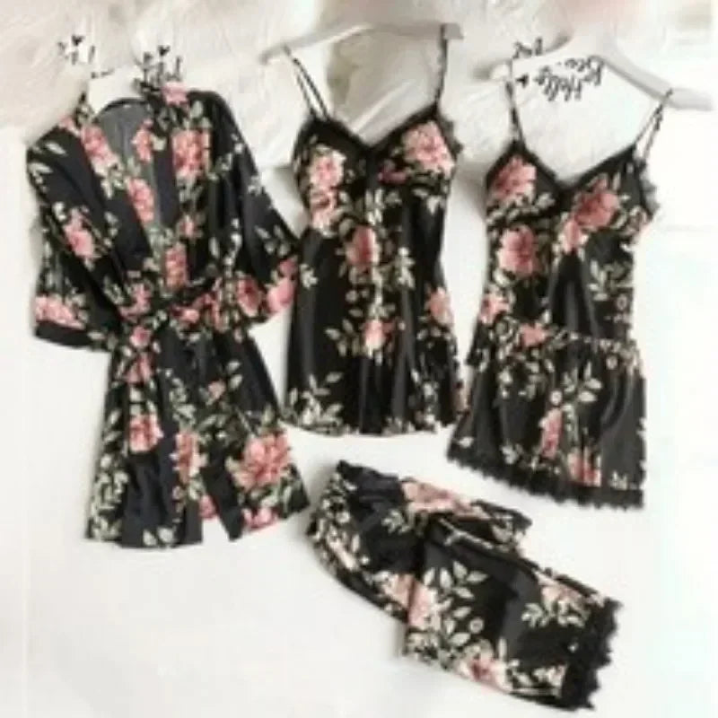 5-piece Set of Women's Sleepwear Silk Nightgown Lace Satin Nightgown V-neck Vest Breathable Comfortable Women's Nightgown