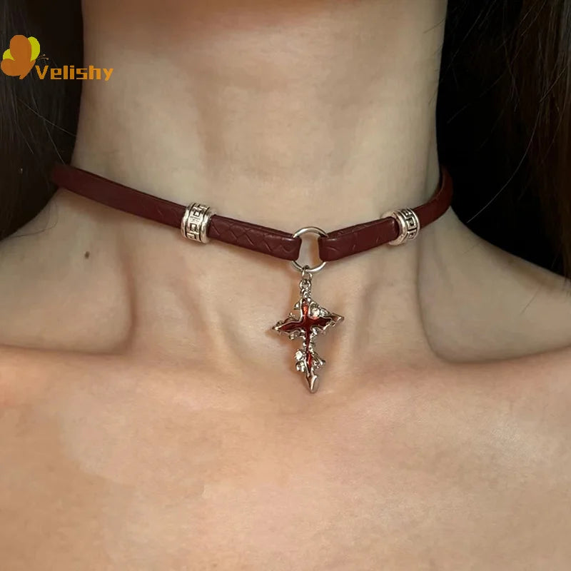 Hot Girl Style Wine Red Leather Cross Choker Collarbone Chain Whitening Necklace