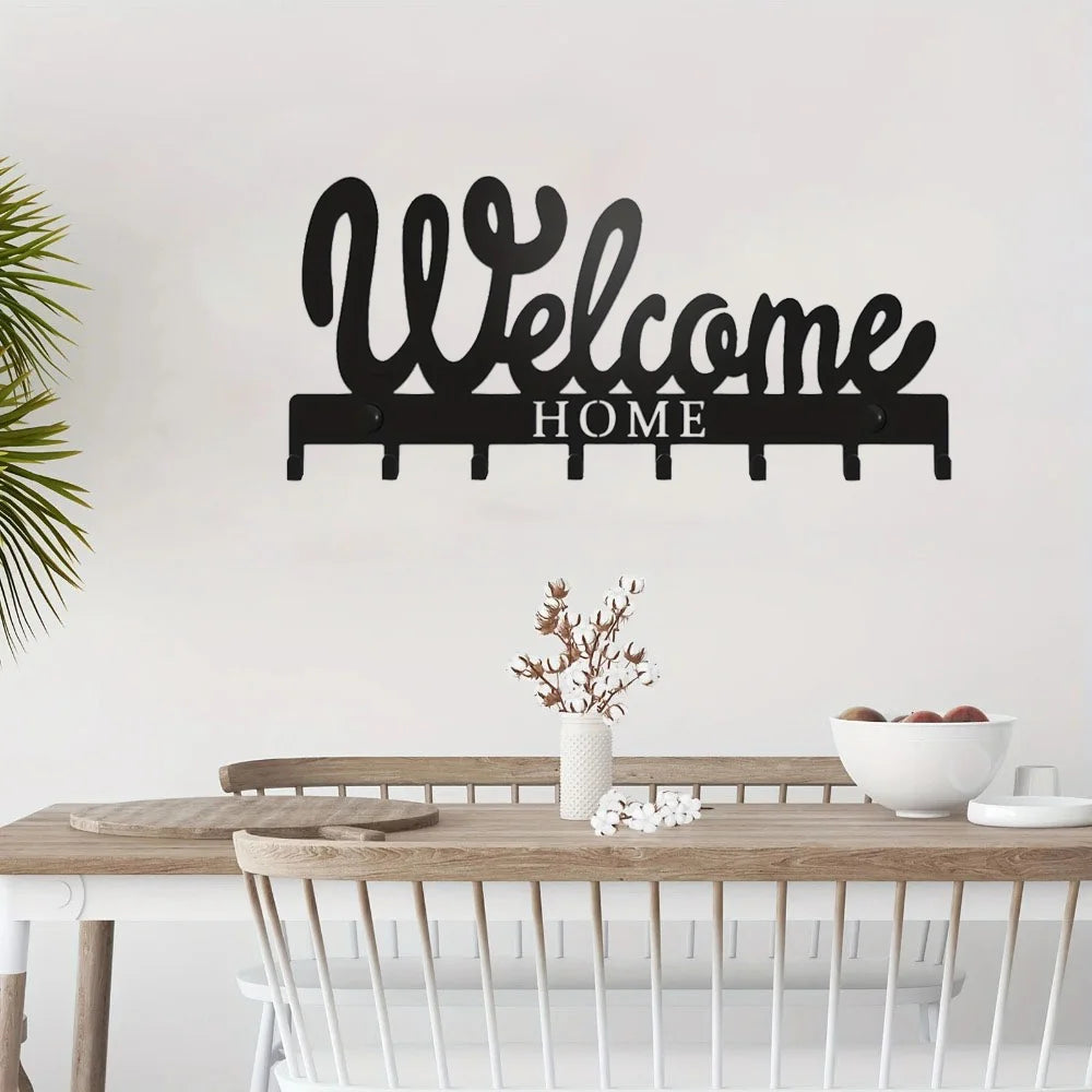 1pc Black Metal Keys Holder, Key Holder for Wall, Wall Mounted WELCOME Design Style Key Rack for Key Hanger With 8 Hooks