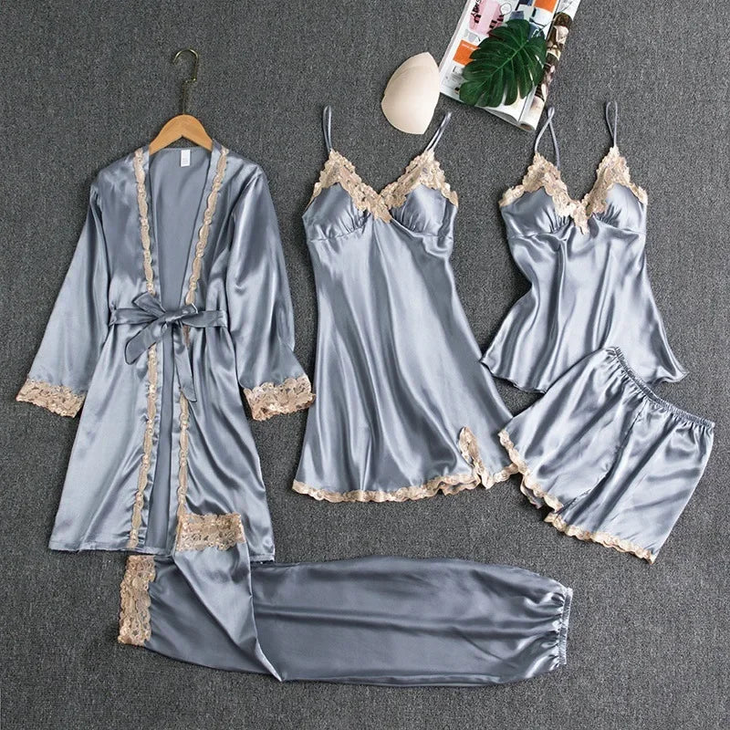 5-piece Set of Women's Sleepwear Silk Nightgown Lace Satin Nightgown V-neck Vest Breathable Comfortable Women's Nightgown