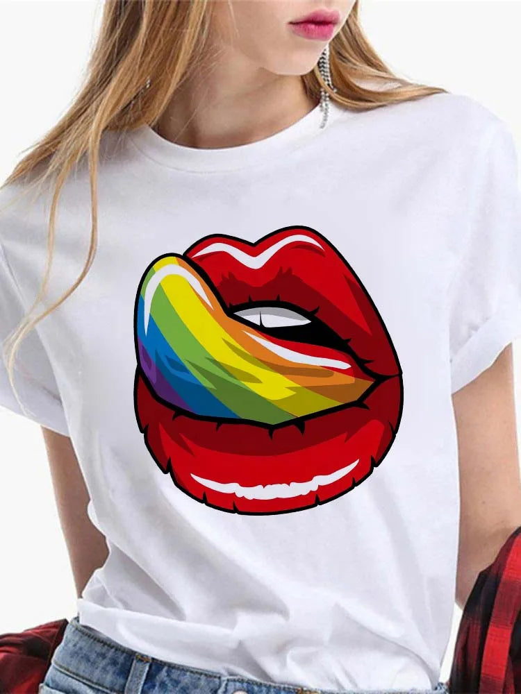 Fashion Sexy Red Lip Women T Shirt Funny Kiss Lips Print Ladies T-shirt Casual Basis O-collar Short Sleeves Female Tops Tees