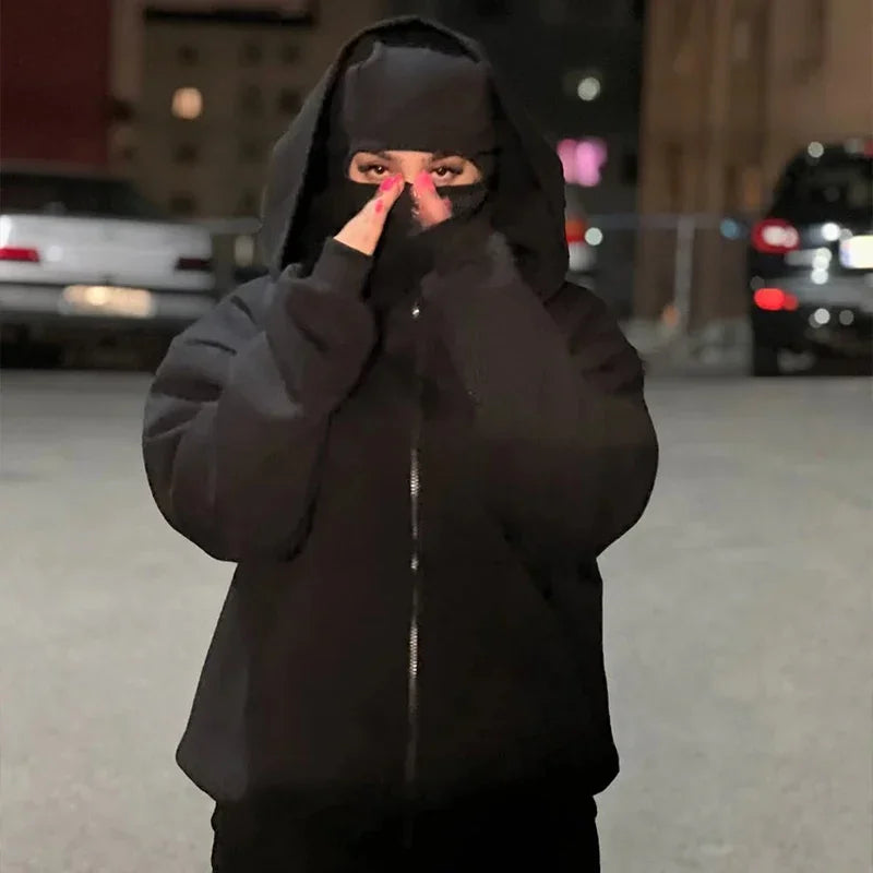 Balaclava Men Zip Hoodie Winter Warm Casual Sweatshirt Y2K with Hooded Face Mask Zipper Design Sports Jacket Outdoor Activities