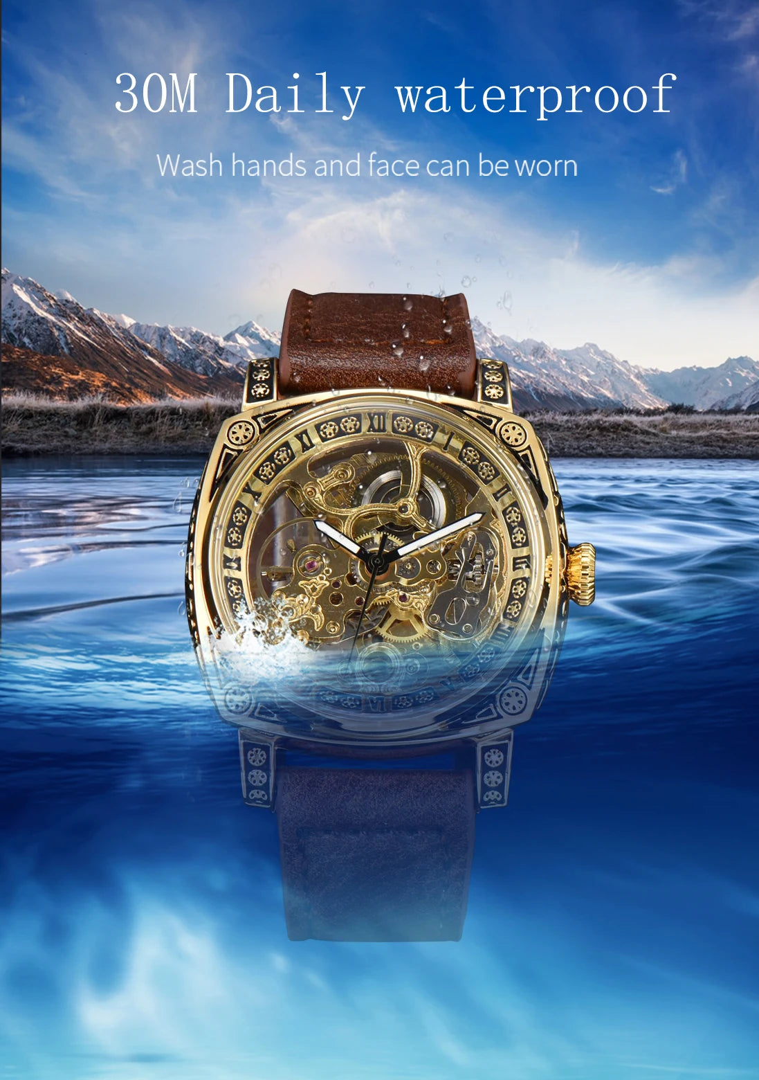 LONGLUX automatic watch retro style wholesale mechanical wristwatches skeleton carve waterproof leather no logo mens watch