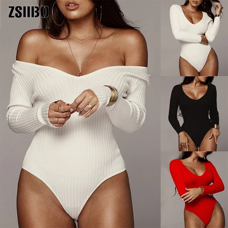 V-neck long-sleeved pit strip jumpsuit casual tight autumn and winter women's clothing