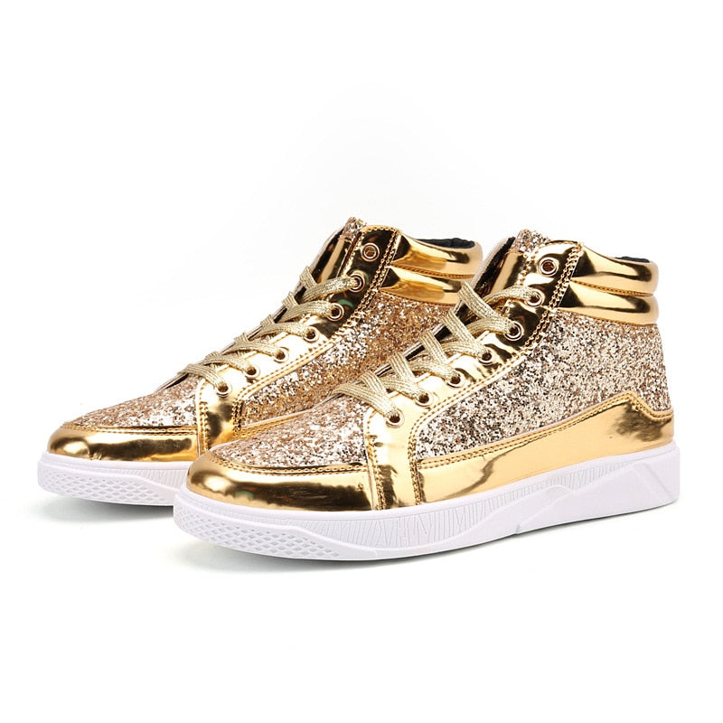 X Hot Fashion Golden Shiny Mirrors Mens Shoes Casual Club Bar Glitter Streetwear Hip hop High top Men Sneakers zapatos de hombre