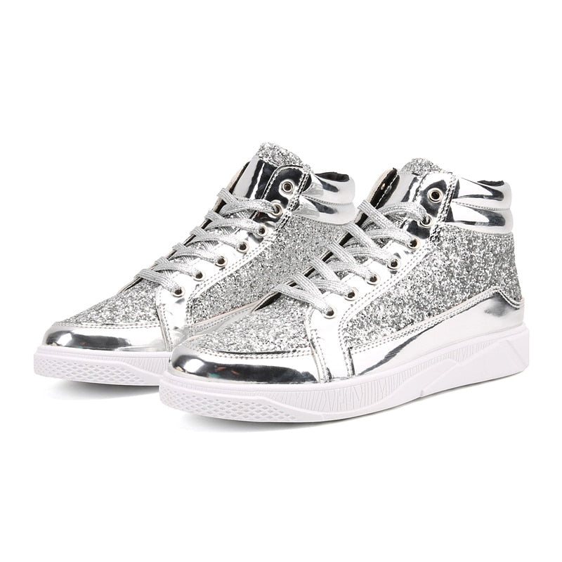 X Hot Fashion Golden Shiny Mirrors Mens Shoes Casual Club Bar Glitter Streetwear Hip hop High top Men Sneakers zapatos de hombre