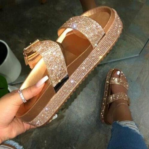 9067a Good quality custom women shoes slippers rhinestone black flat summer beach sandals for ladies glitter sandals women