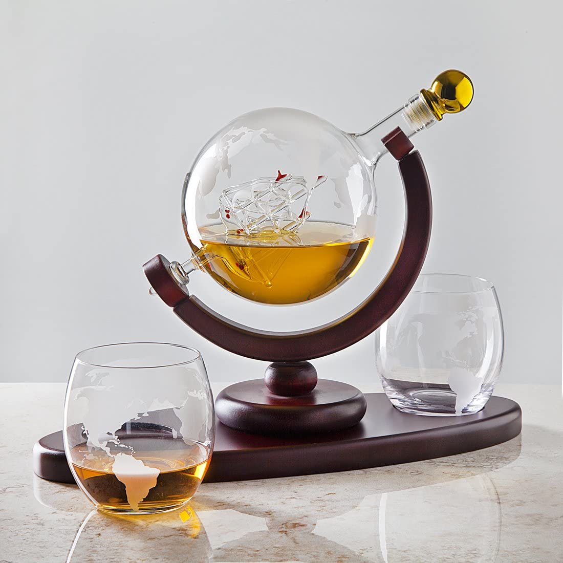 Decanter Globe Set with 2 Etched Globe Glasses Oval Solid Wood Tray Excellent Gift for Man