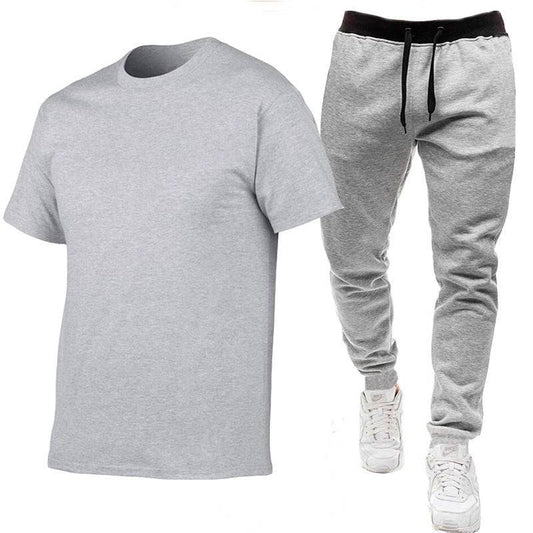 Manufacturer wholesale men's short-sleeved T-shirt +long pants casual running  beach two-piece suit