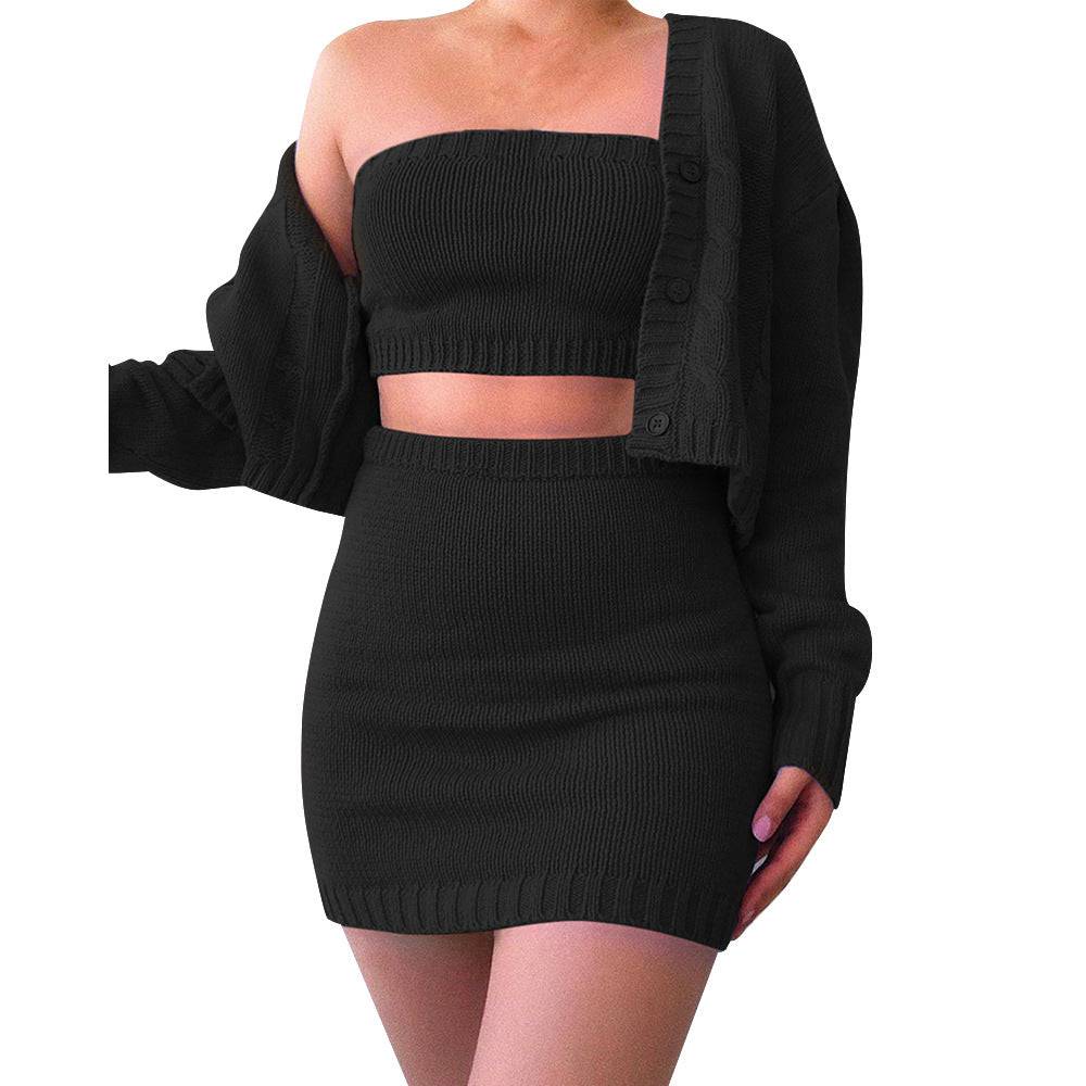 Women 3 pcs set slim skirt suit outfit solid knit cardigan sweaters