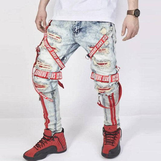 QC - 067 New design street fashion men designers jean with zipper and lace up ribbon ripped cotton pencil men's jeans