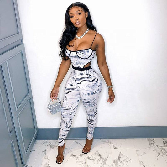 Dropshipping White Print Women's Two Piece Set Sling Sleeveless Bodysuit+Skinny Pants 2021 NEW Arrival Streetwear Set