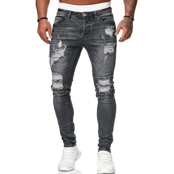 LW - 1990 high quality ripped skinny pencil jean distressed solid summer rock revival jeans men 2021