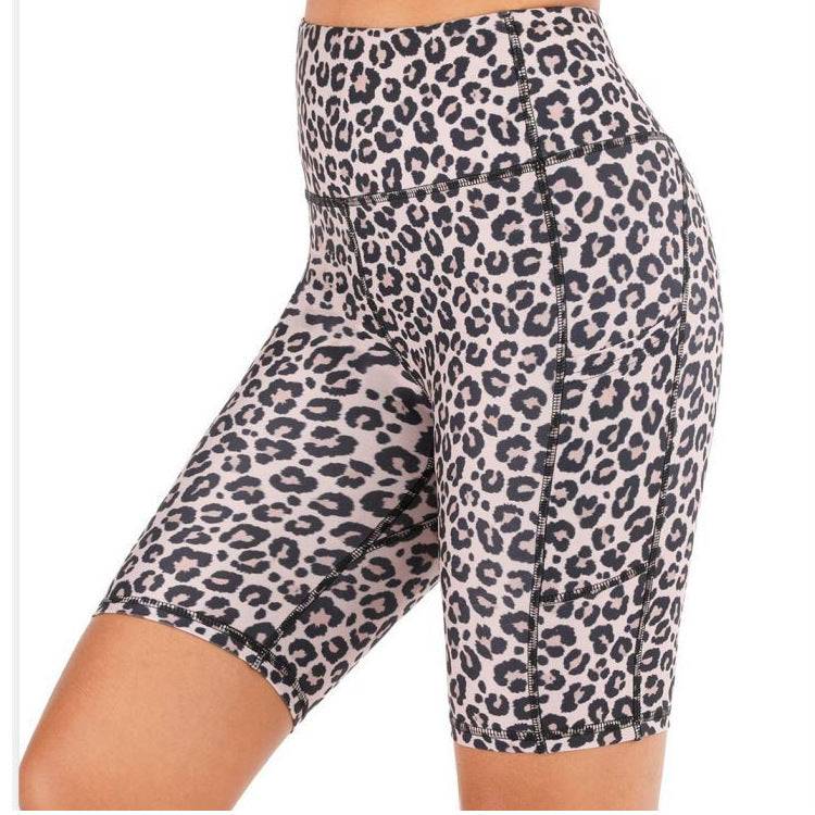 Custom Printed Yoga Shorts With Pocket Butt Lifting For Women Jogger Elastic Waist Leopard Gym Shorts