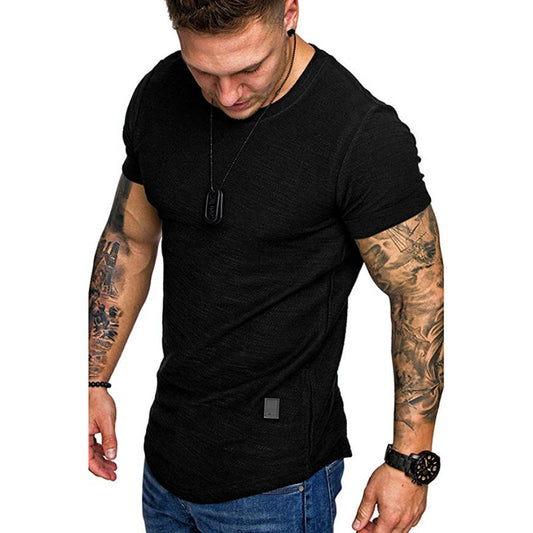 Men's Sports T-shirt Slim Fit O-neck Short Sleeve Muscle Fitness Casual Hip Hop Top Summer Fashion Basic Solid Crew T-shirt