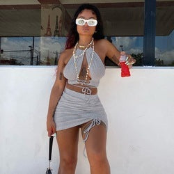 Summer new foreign trade hanging women's neck band hollowed-out vest drawstring 2 piece short skirt outfit two piece skirt set