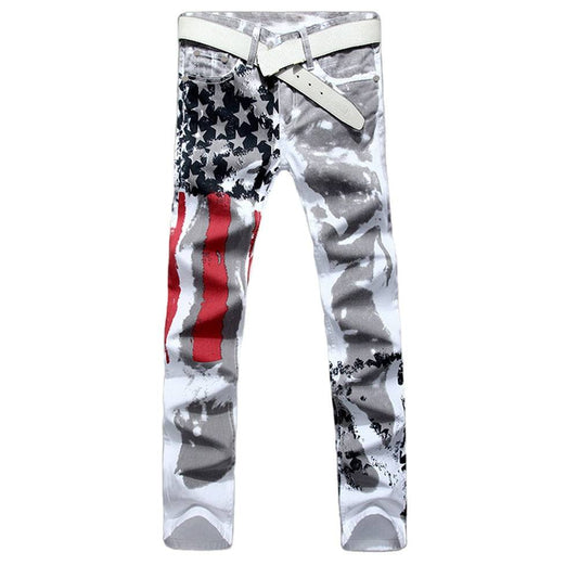 Men Casual American USA Flag Printed Jeans Mens Graffiti Print White Hip-hop Fashion Pants Slim Fit Trousers Y10907